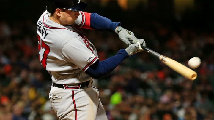 SAN FRANCISCO, CALIFORNIA – MAY 22: Austin Riley #27 of the Atlanta Braves hits a three run home run during the seventh inning against the San Francisco Giants at Oracle Park on May 22, 2019 in San Francisco, California. (Photo by Daniel Shirey/Getty Images)