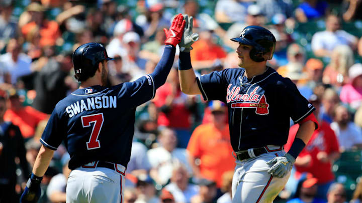 SAN FRANCISCO, CALIFORNIA - MAY 23: Austin Riley #27 of the Atlanta Braves celebrates a two run home run with Dansby Swanson #7 during the eighth inning against the San Francisco Giants at Oracle Park on May 23, 2019 in San Francisco, California. (Photo by Daniel Shirey/Getty Images)
