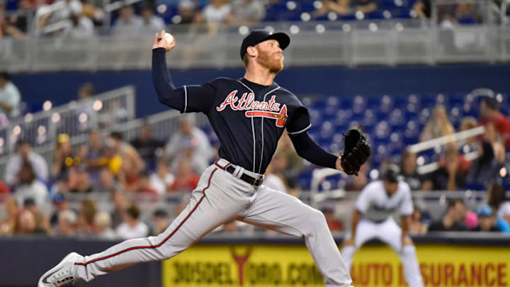 MIAMI, FL - AUGUST 11: Mike Foltynewicz #26 of the Atlanta Braves throws a pitch during the second inning against the Miami Marlins at Marlins Park on August 11, 2019 in Miami, Florida. (Photo by Eric Espada/Getty Images)