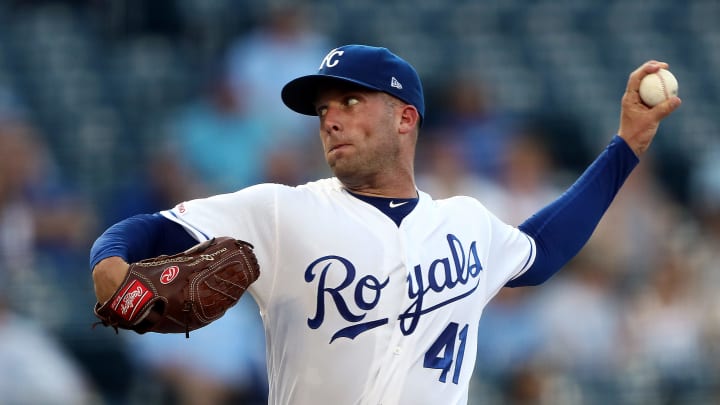 KANSAS CITY, MISSOURI – JULY 17: Starting pitcher Danny Duffy #41 of the Kansas City Royals pitches during the 1st inning of the game against the Chicago White Sox at Kauffman Stadium on July 17, 2019 in Kansas City, Missouri. (Photo by Jamie Squire/Getty Images)