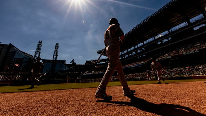 ATLANTA, GA - SEPTEMBER 22: Mike Yastrzemski #5 of the San Francisco Giants walks to the batter's box during the fifth inning of a game against the Atlanta Braves at SunTrust Park on September 22, 2019 in Atlanta, Georgia. (Photo by Carmen Mandato/Getty Images)