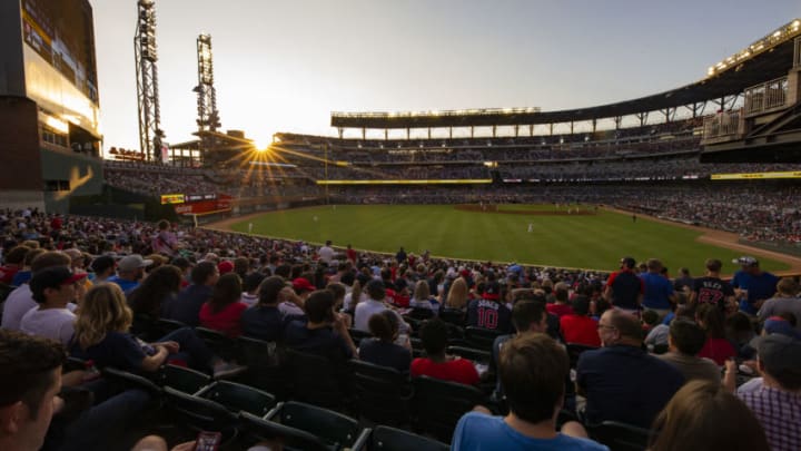 ATLANTA, GA - OCTOBER 9: The suns sets over SunTrust Park in the fourth inning of Game Five of the National League Division Series between the Atlanta Braves and the St. Louis Cardinals at SunTrust Park on October 9, 2019 in Atlanta, Georgia. The Cardinals scored 10 runs in the first inning of the final game of the divisional series. (Photo by Carmen Mandato/Getty Images)