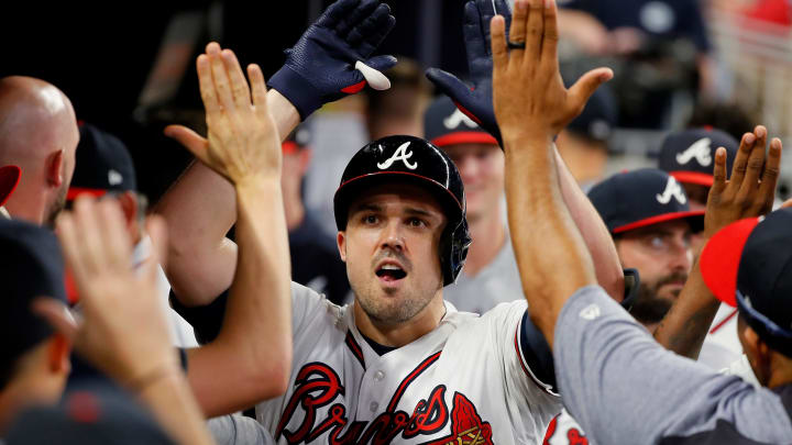 ATLANTA, GEORGIA – SEPTEMBER 17: Adam Duvall #23 of the Atlanta Braves reacts after hitting a solo homer in the ninth inning against the Philadelphia Phillies at SunTrust Park on September 17, 2019 in Atlanta, Georgia. (Photo by Kevin C. Cox/Getty Images)