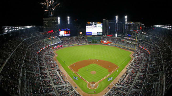 ATLANTA, GEORGIA - OCTOBER 03: Ronald Acuna Jr. #13 of the Atlanta Braves hits a two-run home run against the St. Louis Cardinals during the ninth inning in game one of the National League Division Series at SunTrust Park on October 03, 2019 in Atlanta, Georgia. (Photo by Kevin C. Cox/Getty Images)
