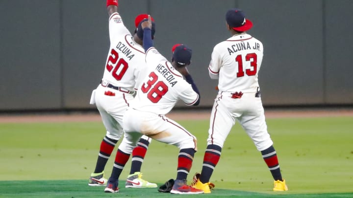ATLANTA, GA – The Atlanta Braves outfield taking a “Selfie”(Photo by Todd Kirkland/Getty Images)