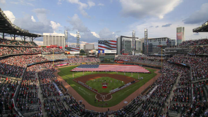 ATLANTA, GA - JULY 04: Truist Park is shown during the national anthem before a game between the Atlanta Braves and St. Louis Cardinals on July 4, 2022 in Atlanta, Georgia. (Photo by Brett Davis/Getty Images)