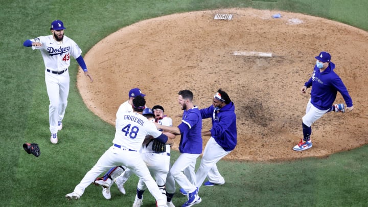 ARLINGTON, TEXAS – OCTOBER 27: The Los Angeles Dodgers celebrate (Photo by Maxx Wolfson/Getty Images)