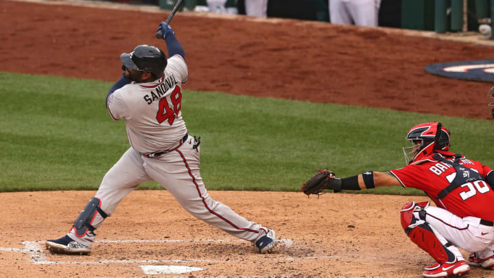 Pablo Sandoval #48 of the Atlanta Braves in launch mode (Photo by Patrick Smith/Getty Images)