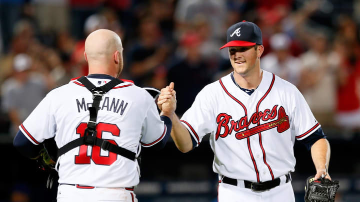ATLANTA, GA – MAY 30: Alex Wood #58 of the Atlanta Braves celebrates his MLB debut and a 11-3 win over the Toronto Blue Jays with Brian McCann #16 at Turner Field on May 30, 2013 in Atlanta, Georgia. (Photo by Kevin C. Cox/Getty Images)