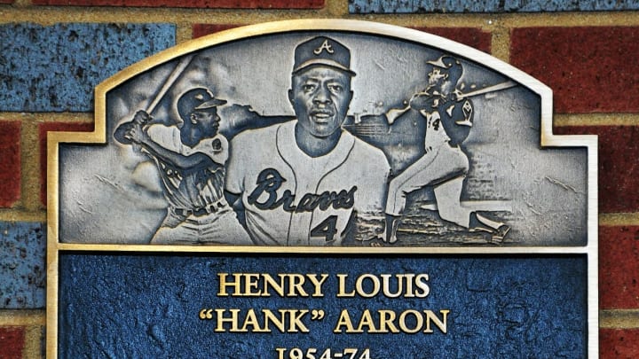 Atlanta Braves Hall of Fame outfielder Hank Aaron’s plaque in the Monument Grove at Truist park. (Photo by Scott Cunningham/Getty Images)