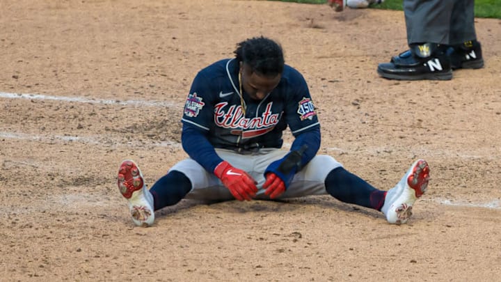 Atlanta Braves 2nd baseman Ozzie Albies reacts after being tagged out during the 10th inning. Mandatory Credit: Bill Streicher-USA TODAY Sports Atlanta Braves 2nd baseman Ozzie Albies reacts after being tagged out during the 10th inning. Mandatory Credit: Bill Streicher-USA TODAY Sports
