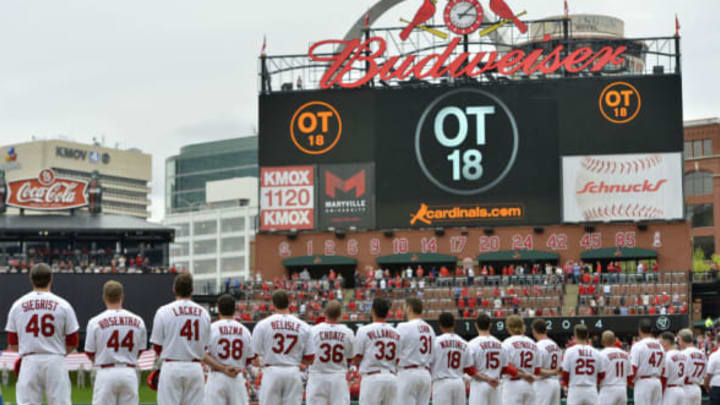 Apr 13, 2015; St. Louis, MO, USA; St. Louis Cardinals teammates watch a tribute video to memorialize former Cardinal Oscar Taveras before the game against the Milwaukee Brewers at Busch Stadium. Mandatory Credit: Jasen Vinlove-USA TODAY Sports