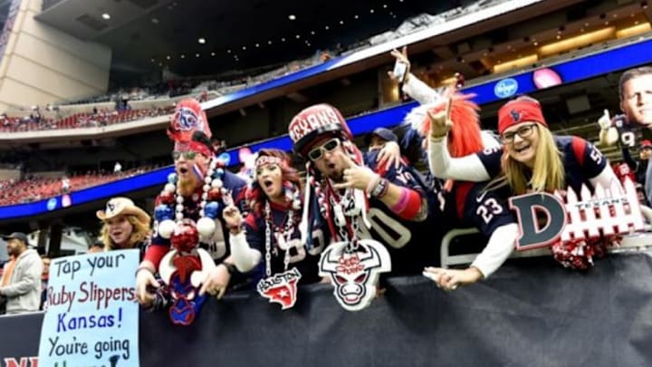 Jan 9, 2016; Houston, TX, USA; Houston Texans fans cheer on their team before a AFC Wild Card playoff football game between the Kansas City Chiefs and the Texans at NRG Stadium. Mandatory Credit: John David Mercer-USA TODAY Sports