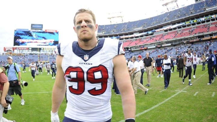 Dec 27, 2015; Nashville, TN, USA; Houston Texans defensive end J.J. Watt (99) after a win against the Tennessee Titans at Nissan Stadium. The Texans won 34-6. Mandatory Credit: Christopher Hanewinckel-USA TODAY Sports