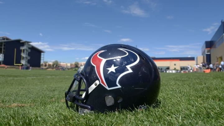 Aug 20, 2014; Englewood, CO, USA; General view of Houston Texans helmet during scrimmage against the Denver Broncos at the Broncos Headquarters. Mandatory Credit: Kirby Lee-USA TODAY Sports