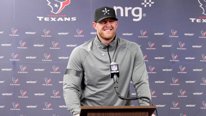 Jun 14, 2016; Houston, TX, USA; Houston Texans defensive end J.J. Watt (99) smiles as he answers question from the media following Houston Texans minicamp at NRG Stadium in Houston, TX. Mandatory Credit: Erik Williams-USA TODAY Sports