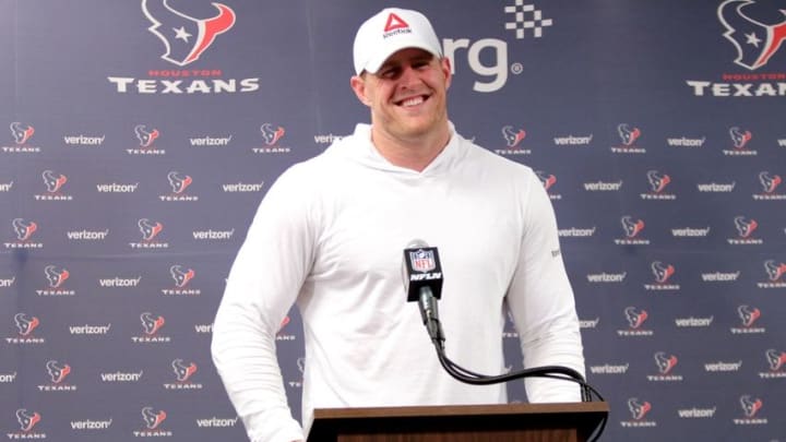 May 31, 2016; Houston, TX, USA. Houston Texans defensive end J.J. Watt (99) smiles as he answers questions from the media following Houston Texans OTA practices at NRG Stadium. Mandatory Credit: Erik Williams-USA TODAY Sports