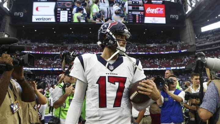 Sep 11, 2016; Houston, TX, USA; Houston Texans quarterback Brock Osweiler (17) walks off the field after the Texans defeated the Chicago Bears 23-14 at NRG Stadium. Mandatory Credit: Troy Taormina-USA TODAY Sports