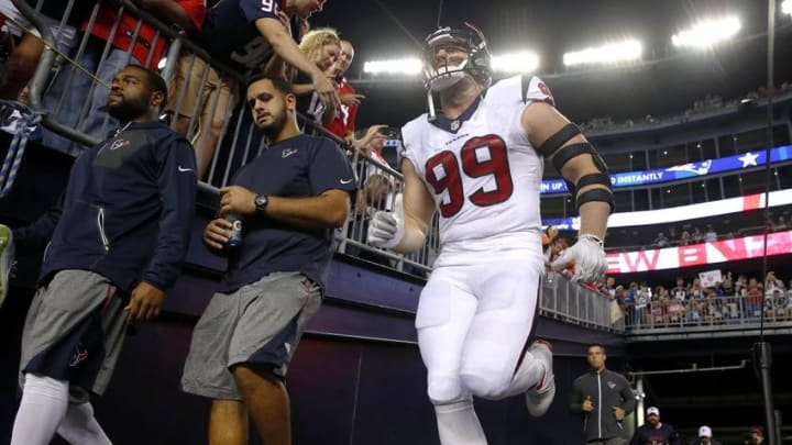 Sep 22, 2016; Foxborough, MA, USA; Houston Texans defensive end J.J. Watt (99) takes the field before their game against the New England Patriots at Gillette Stadium. Mandatory Credit: Winslow Townson-USA TODAY Sports