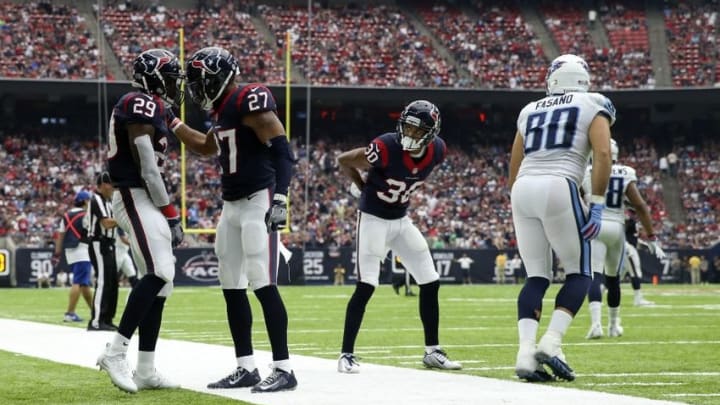 Oct 2, 2016; Houston, TX, USA; Houston Texans free safety Andre Hal (29) and strong safety Quintin Demps (27) react during the fourth quarter against the Tennessee Titans at NRG Stadium. Mandatory Credit: Kevin Jairaj-USA TODAY Sports