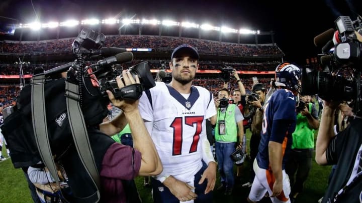 Oct 24, 2016; Denver, CO, USA; Houston Texans quarterback Brock Osweiler (17) after the game against the Denver Broncos at Sports Authority Field at Mile High. The Broncos won 27-9. Mandatory Credit: Isaiah J. Downing-USA TODAY Sports