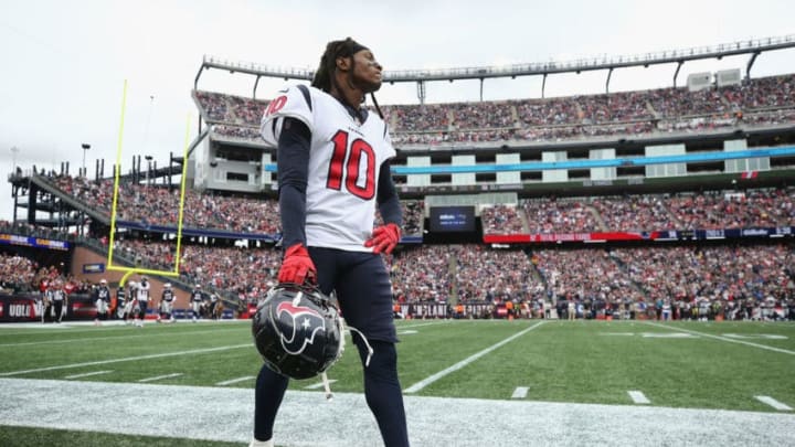 FOXBOROUGH, MA - SEPTEMBER 09: DeAndre Hopkins #10 of the Houston Texans reacts on the sideline after Stephon Gilmore #24 of the New England Patriots (not pictured) intercepted a pass during the first half at Gillette Stadium on September 9, 2018 in Foxborough, Massachusetts. (Photo by Maddie Meyer/Getty Images)