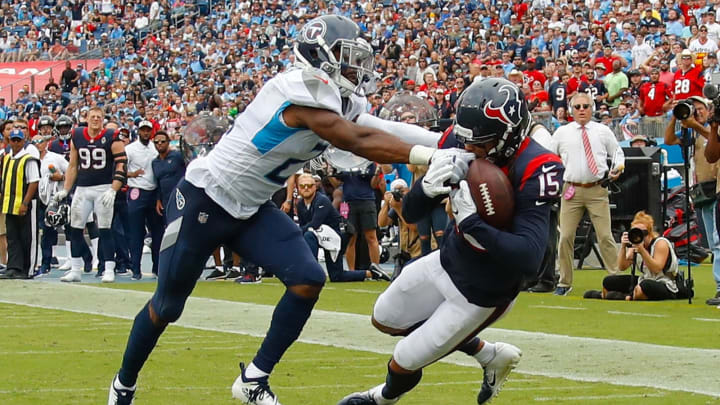 NASHVILLE, TN – SEPTEMBER 16: Will Fuller V #15 of the Houston Texans makes a touchdown reception against Malcolm Butler #21 of the Tennessee Titans during the second half at Nissan Stadium on September 16, 2018 in Nashville, Tennessee. (Photo by Frederick Breedon/Getty Images)