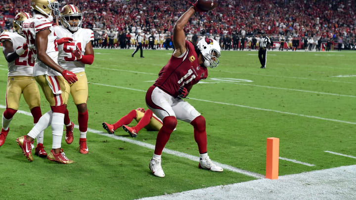 GLENDALE, AZ – OCTOBER 28: Wide receiver Larry Fitzgerald #11 of the Arizona Cardinals reacts after scoring a two point conversion during the fourth quarter against the San Francisco 49ers at State Farm Stadium on October 28, 2018 in Glendale, Arizona. (Photo by Norm Hall/Getty Images)