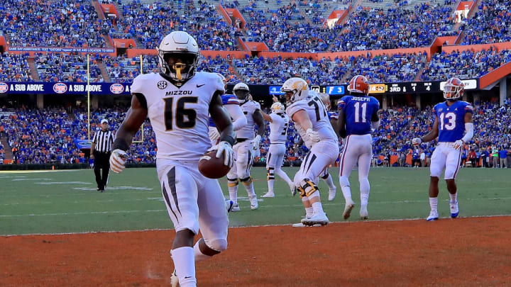 GAINESVILLE, FL – NOVEMBER Damarea Crockett #16 of the Missouri Tigers crosses the goal line for a touchdown during the game against the Florida Gators at Ben Hill Griffin Stadium on November 3, 2018 in Gainesville, Florida. (Photo by Sam Greenwood/Getty Images)