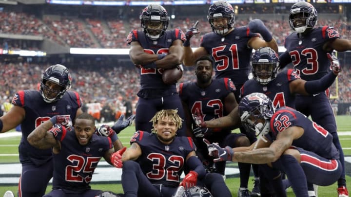 HOUSTON, TX - DECEMBER 02: The Houston Texans defense celebrates after an interception in the second quarter against the Cleveland Browns at NRG Stadium on December 2, 2018 in Houston, Texas. (Photo by Tim Warner/Getty Images)