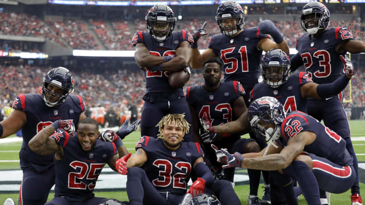 HOUSTON, TX – DECEMBER 02: The Houston Texans defense celebrates after an interception in the second quarter against the Cleveland Browns at NRG Stadium on December 2, 2018 in Houston, Texas. (Photo by Tim Warner/Getty Images)