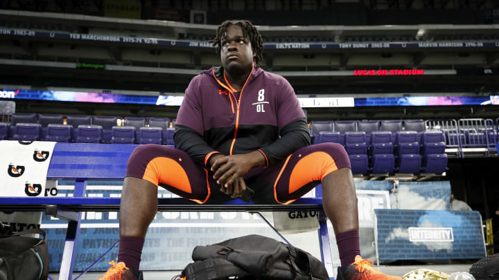 INDIANAPOLIS, IN – MARCH 01: Offensive lineman Yodny Cajuste of West Virginia looks on during day two of the NFL Combine at Lucas Oil Stadium on March 1, 2019 in Indianapolis, Indiana. (Photo by Joe Robbins/Getty Images)