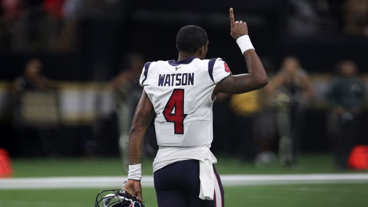 NEW ORLEANS, LOUISIANA – SEPTEMBER 09: Deshaun Watson #4 of the Houston Texans reacts after throwing a touchdown pass against the New Orleans Saints at Mercedes Benz Superdome on September 09, 2019 in New Orleans, Louisiana. (Photo by Chris Graythen/Getty Images)