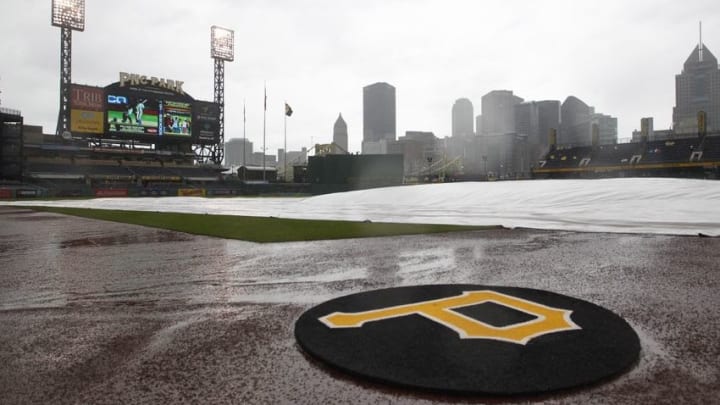 May 22, 2016; Pittsburgh, PA, USA; A general view of a tarp the covers the field at PNC Park during a rain delay in the game between the Colorado Rockies and the Pittsburgh Pirates. Mandatory Credit: Charles LeClaire-USA TODAY Sports
