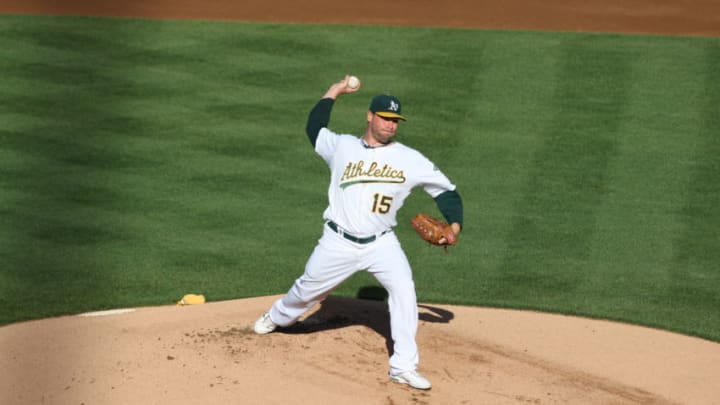 OAKLAND, CA - JULY 10: Ben Sheets #15 of the Oakland Athletics pitches during the game against the Los Angeles Angels of Anaheim at the Oakland-Alameda County Coliseum on July 10, 2010 in Oakland, California. The Athletics defeated the Angeles 15-1. (Photo by Michael Zagaris/Getty Images)