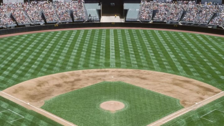 OAKLAND - MAY 20: A general view of the empty baseball diamond at the Oakland-Alameda County Coliseum during a Major League Baseball game between the visiting Boston Red Sox and the Oakland A's played May 20, 1989 in Oakland, California. (Photo by David Madison/Getty Images)