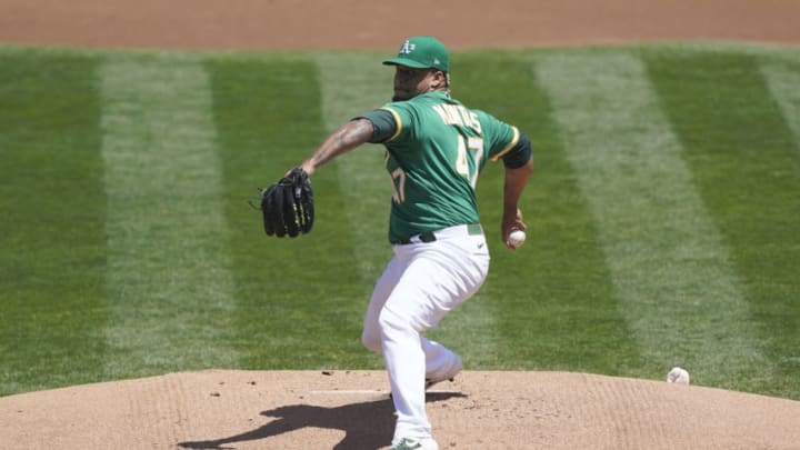 OAKLAND, CALIFORNIA - AUGUST 08: Frankie Montas #47 of the Oakland Athletics pitches against the Houston Astros in the top of the first inning at RingCentral Coliseum on August 08, 2020 in Oakland, California. (Photo by Thearon W. Henderson/Getty Images)