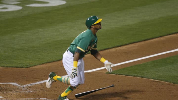 OAKLAND, CALIFORNIA - AUGUST 20: Khris Davis #2 of the Oakland Athletics at bat in the bottom of the sixth inning against the Arizona Diamondbacks at Oakland-Alameda County Coliseum on August 20, 2020 in Oakland, California. (Photo by Lachlan Cunningham/Getty Images)