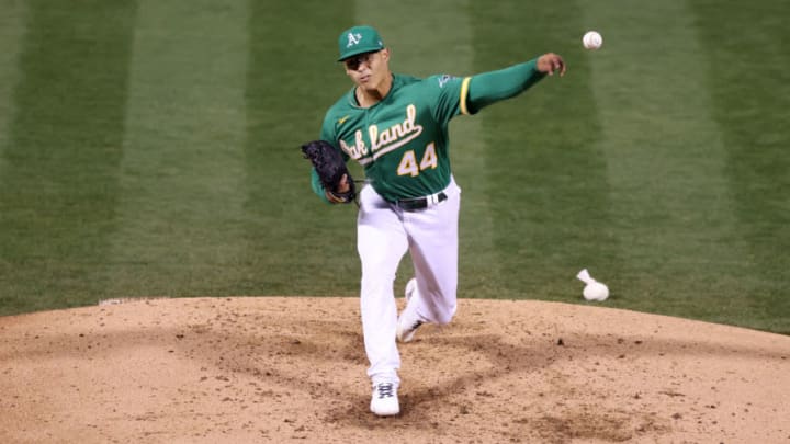 OAKLAND, CALIFORNIA - SEPTEMBER 09: Jesus Luzardo #44 of the Oakland Athletics pitches against the Houston Astros in the fourth at RingCentral Coliseum on September 09, 2020 in Oakland, California. (Photo by Ezra Shaw/Getty Images)