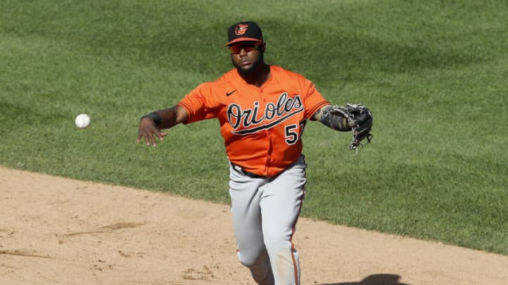 NEW YORK, NEW YORK - SEPTEMBER 12: (NEW YORK DAILIES OUT) Hanser Alberto #57 of the Baltimore Orioles in action against the New York Yankees at Yankee Stadium on September 12, 2020 in New York City. The Yankees defeated the Orioles 2-1 in ten innings. (Photo by Jim McIsaac/Getty Images)