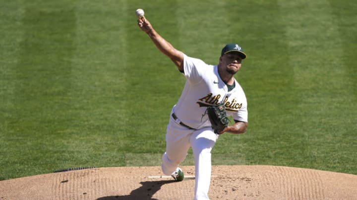 OAKLAND, CALIFORNIA - SEPTEMBER 27: Frankie Montas #47 of the Oakland Athletics pitches against the Seattle Mariners in the top of the first inning at RingCentral Coliseum on September 27, 2020 in Oakland, California. (Photo by Thearon W. Henderson/Getty Images)