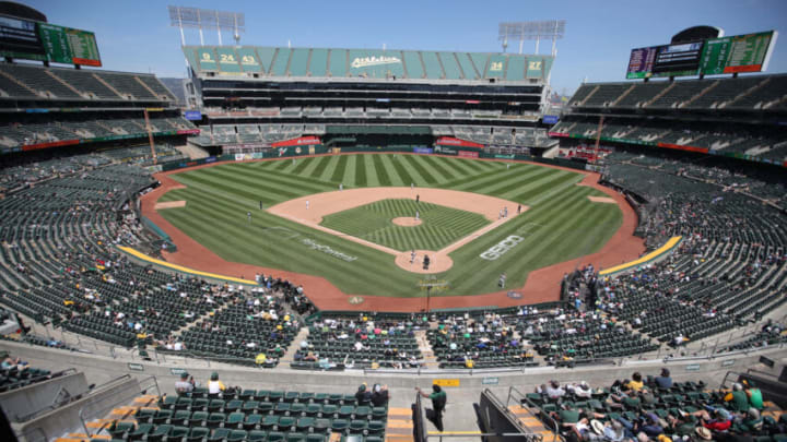 OAKLAND, CA - MAY 18: A view of RingCentral Coliseum during the game between the Oakland Athletics and the Minnesota Twins on May 18, 2022 in Oakland, California. The Twins defeated the Athletics 14-4. (Photo by Michael Zagaris/Oakland Athletics/Getty Images)
