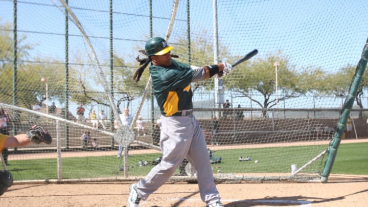 PHOENIX, AZ - February 25: Manny Ramirez #1 of the Oakland Athletics takes batting practice during a spring training workout at the Phoenix Municipal Stadium on February 25, 2012 in Phoenix, Arizona. (Photo by Michael Zagaris/Oakland Athletics/Getty Images)