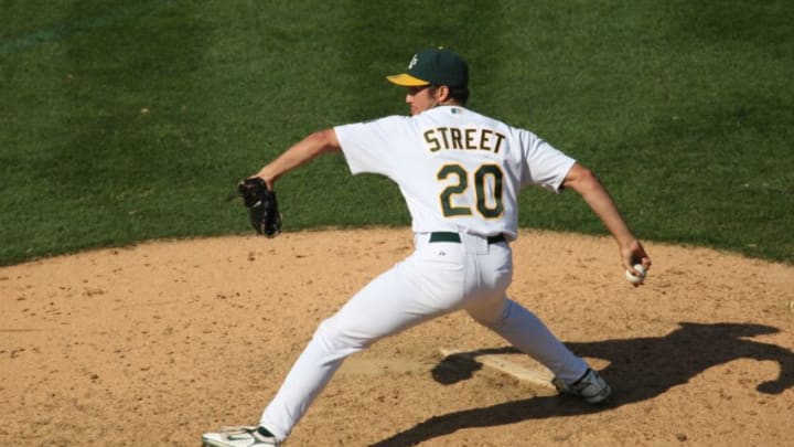 OAKLAND, CA - SEPTEMBER 14: Huston Street of the Oakland Athletics pitches during the game against the Texas Rangers at the McAfee Coliseum in Oakland, California on September 14, 2008. The Athletics defeated the Rangers 7-4. (Photo by Brad Mangin/MLB Photos via Getty Images)