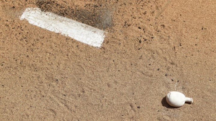 KANSAS CITY, MO - APRIL 28: Detail view of the rubber on a pitching mound and a rosin bag in the bullpen during the game between the Kansas City Royals and Seattle Mariners at Kauffman Stadium on April 28, 2010 in Kansas City, Missouri. The Mariners won 6-5. (Photo by Joe Robbins/Getty Images)