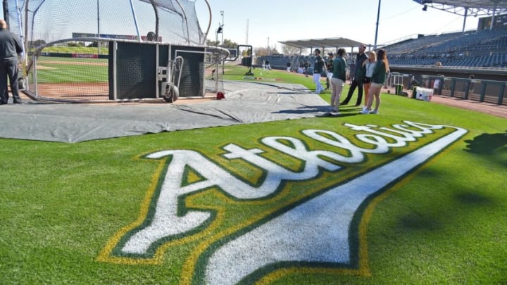 Feb 23, 2018; Mesa, AZ, USA; A general view of a logo on the field prior to the game between the Los Angeles Angels and the Oakland Athletics at Hohokam Stadium. Mandatory Credit: Jayne Kamin-Oncea-USA TODAY Sports Feb 23, 2018; Mesa, AZ, USA; A general view of a logo on the field prior to the game between the Los Angeles Angels and the Oakland Athletics at Hohokam Stadium. Mandatory Credit: Jayne Kamin-Oncea-USA TODAY Sports