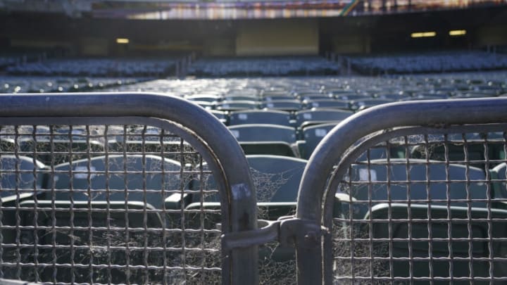 July 9, 2020; Oakland, California, United States; Detail view of a seat fencing with spiderwebs during a Spring Training workout at RingCentral Coliseum. Mandatory Credit: Kyle Terada-USA TODAY Sports