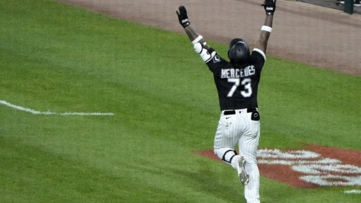 Jun 4, 2021; Chicago, Illinois, USA; Chicago White Sox catcher Yermin Mercedes (73) reacts after hitting the winning run against the Detroit Tigers during the ninth inning at Guaranteed Rate Field. Mandatory Credit: Mike Dinovo-USA TODAY Sports