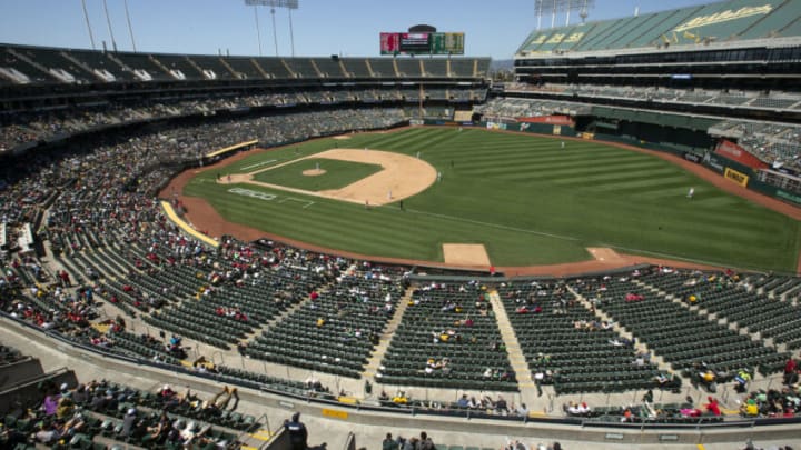 Jul 20, 2021; Oakland, California, USA; A general view of RingCentral Coliseum during the sixth inning of a game between the Los Angeles Angels and Oakland Athletics. Mandatory Credit: D. Ross Cameron-USA TODAY Sports