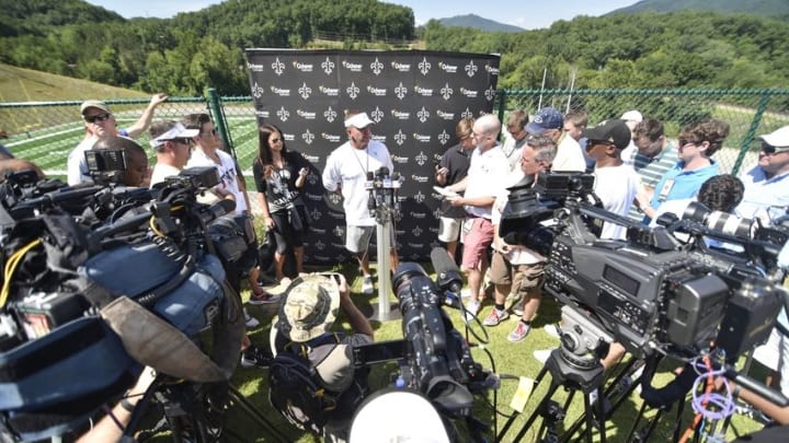 Aug 3, 2015; White Sulphur Springs, WV, USA; New Orleans Saints head coach Sean Payton answers questions from the media following training camp at The Greenbrier. Mandatory Credit: Michael Shroyer-USA TODAY Sports